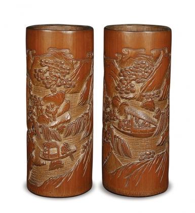竹雕泛舟帽筒（一對(duì)）